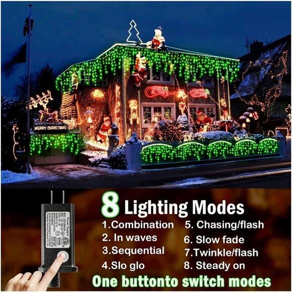 Christmas Lights Decorations Outdoor 640 LED 8 Mode 120 Drops Green 65.5ft Timer - Picture 4 of 6
